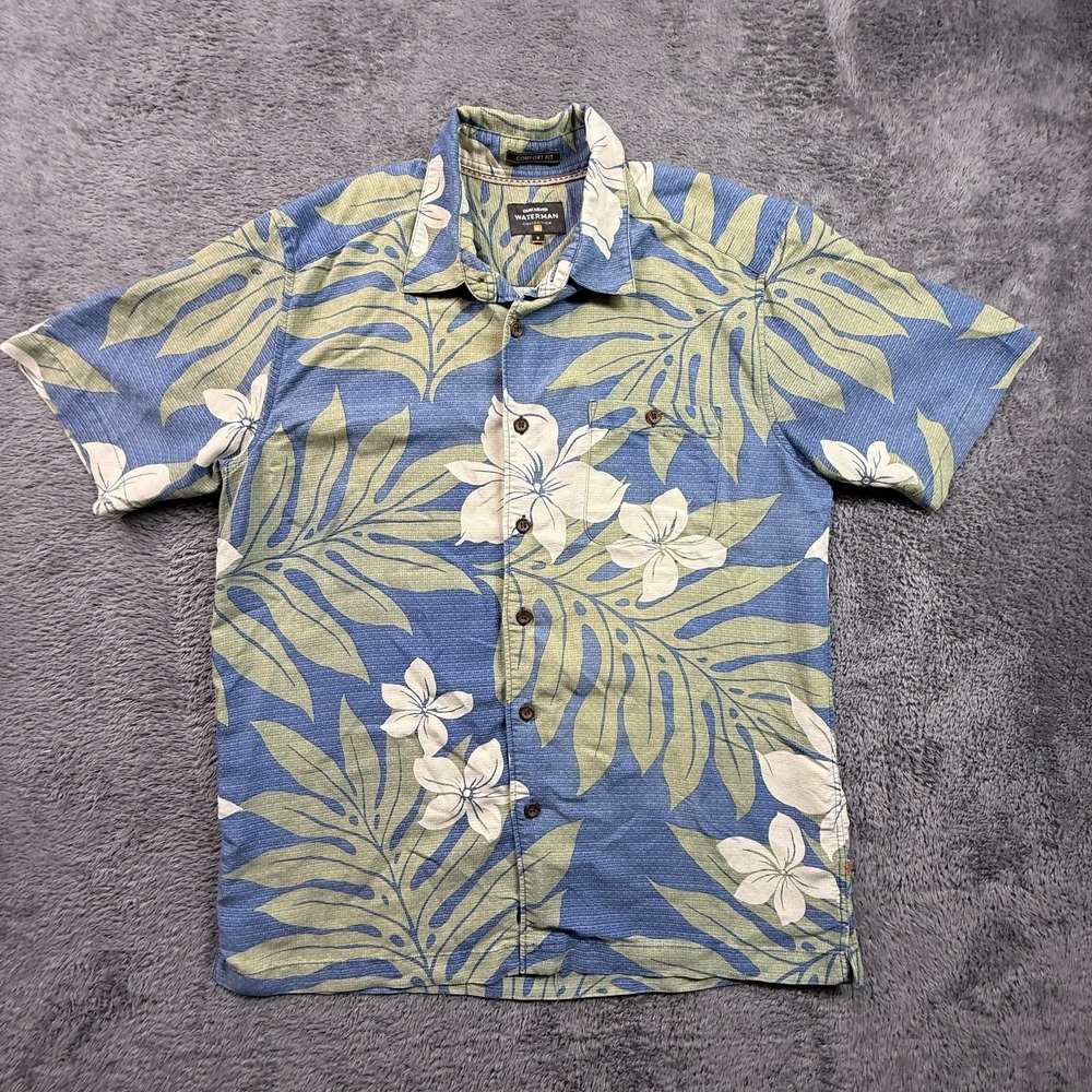 Quiksilver Waterman S Men's Hawaiian Button Up Shirt Tropical Floral Blue
